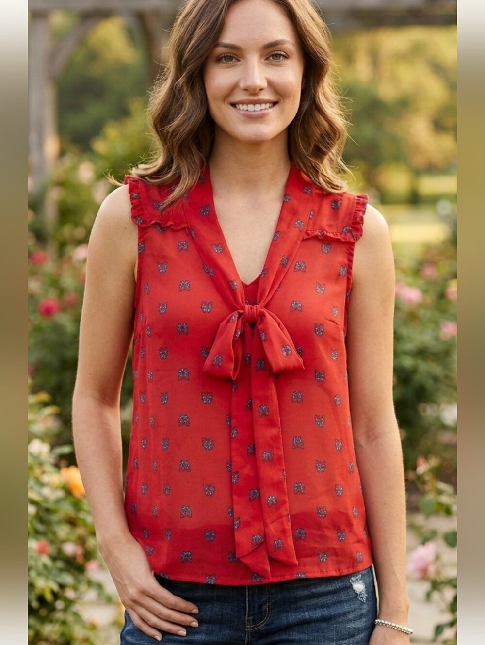 Band of Gypsies Owl Print Red Sleeveless Tie-Neck Blouse